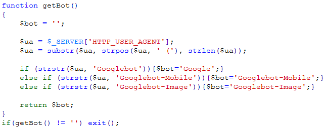 Как не учитывать Googlebot, код на PHP