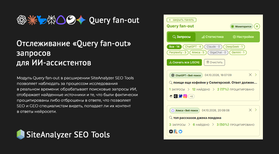 Отслеживание Query fan-out запросов для ChatGPT, DeepSeek, Claude, Perplexity, Алиса AI - SiteAnalyzer SEO Tools 4.0