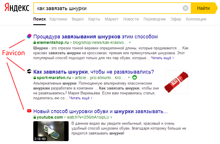 Пример фавикон в выдаче Яндекс