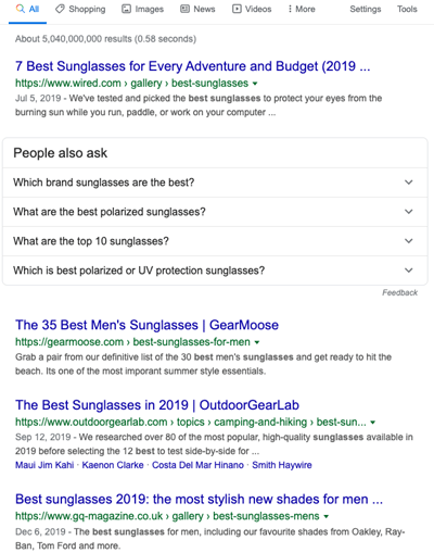 Поиск в Google, запрос, лучшие солнцезащитные очки